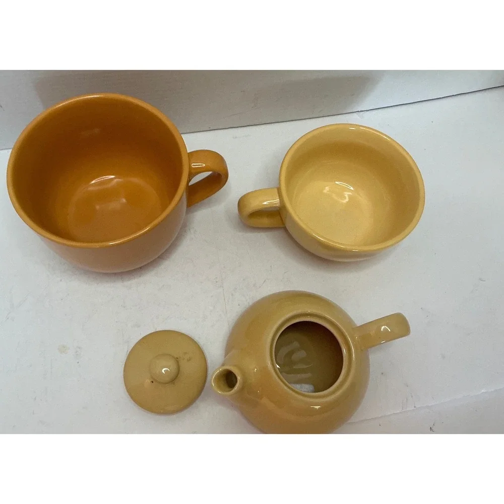 Pier 1 Vintage Tea For One Stacking Teapot and Cafe Au Lait Mug Set Yellow Organ